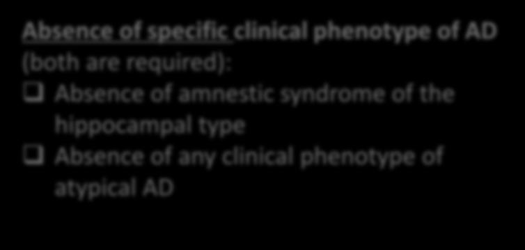 IWG-2 criteria for asymptomatic at risk Absence of specific clinical phenotype of AD (both are required): Absence of amnestic