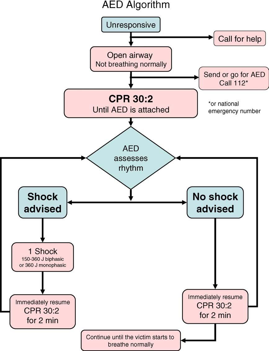European Resuscitation Council Guidelines for Resuscitation 2005 S19 Figure 2.20 Algorithm for use of an automated external defibrillator.