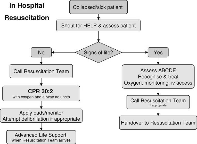 European Resuscitation Council Guidelines for Resuscitation 2005 S43 Figure 4.1 Algorithm for the treatment of in-hospital cardiac arrest. Ensure personal safety. Check the victim for a response.