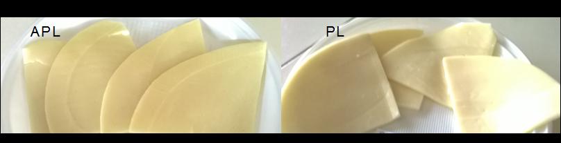 Cheese storage trials Type of packaging Days of storage Sweet Provolone Piquant Provolone PL pouch / APLSS sheets 7 n.s. n.s. APLSS pouch/ PL sheets 7 n.s. ** APLSS pouch and sheets 7 ** * PL pouch / APLSS sheets 14 * * APLSS pouch/ PL sheets 14 ** * APLSS pouch and sheets 14 * n.