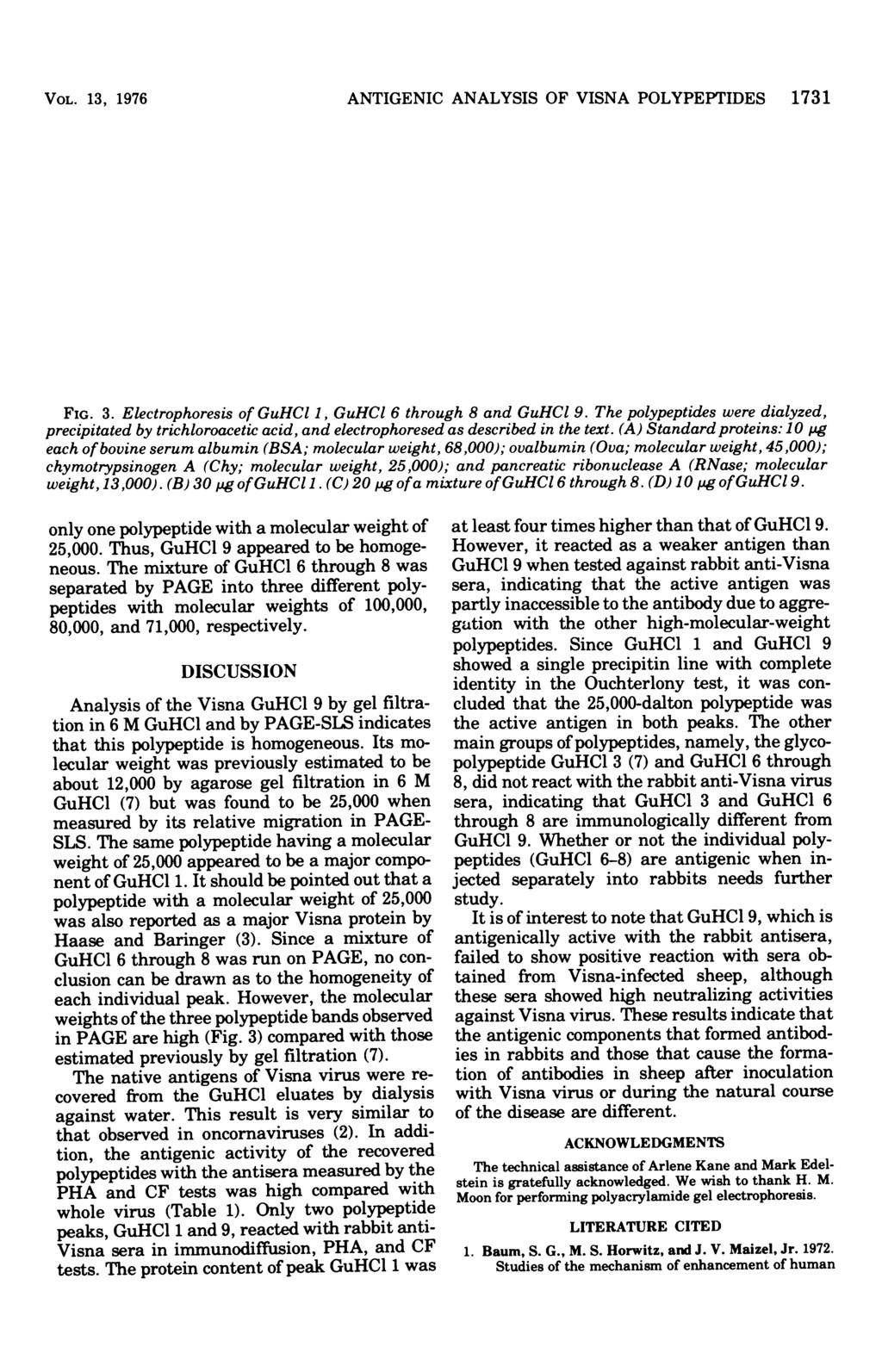 VOL. 13, 1976 ANTIGENIC ANALYSIS OF VISNA POLYPEPTIDES 1731 BSA --* W~~4 Ova. - O- Chy. - o RNase --o A * I B C D FIG. 3. Electrophoresis of GuHCl 1, GuHCl 6 through 8 and GuHCI 9.