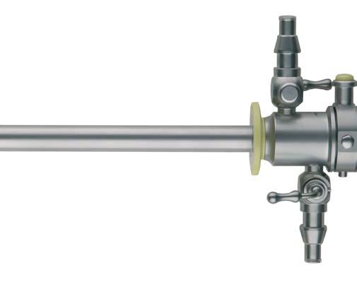 Instruments for Resectoscopy Continuous flow sheath with 2 stopcocks, fix, oblique shaft end, consisting of: inner sheath with ceramic insulation, outer sheath and obturator 24/26 Charr.