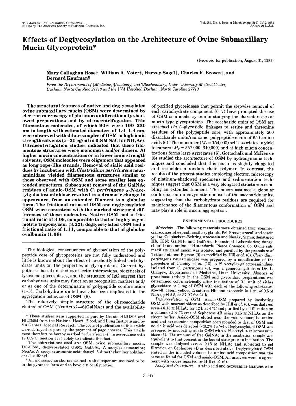 ~ ~ ~ ~~~~~~~ ~ THE JOURNAL OF BIOLOGICAL CHEMISTRY L 1984 by The American Society of Biologlcal Chemists, Inc Vol 259, No 5, Issue of March 10, pp 3167-3172, 1984 Prcnted in USA Effects of