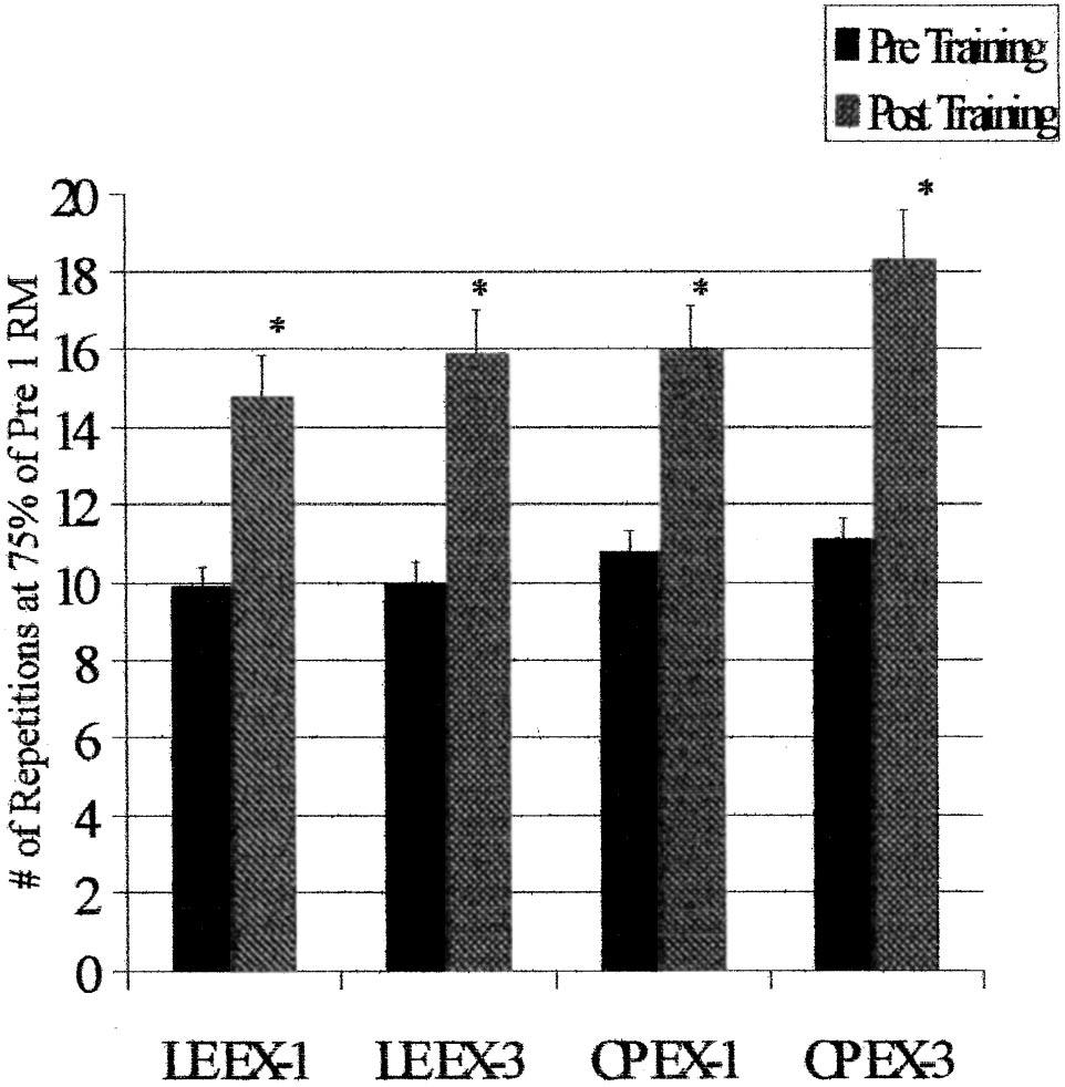 Figure 3 Muscle endurance for EX-1 and EX-3 groups for leg extension (LE) and chest press (CP). (*P < 0.05 from pre).