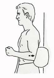 ISOMETRIC PUSH AND PULL With a pillow against the wall, and the arm tucked close to the body, create pressure with the fist for forward push, and with the elbow to push backward.