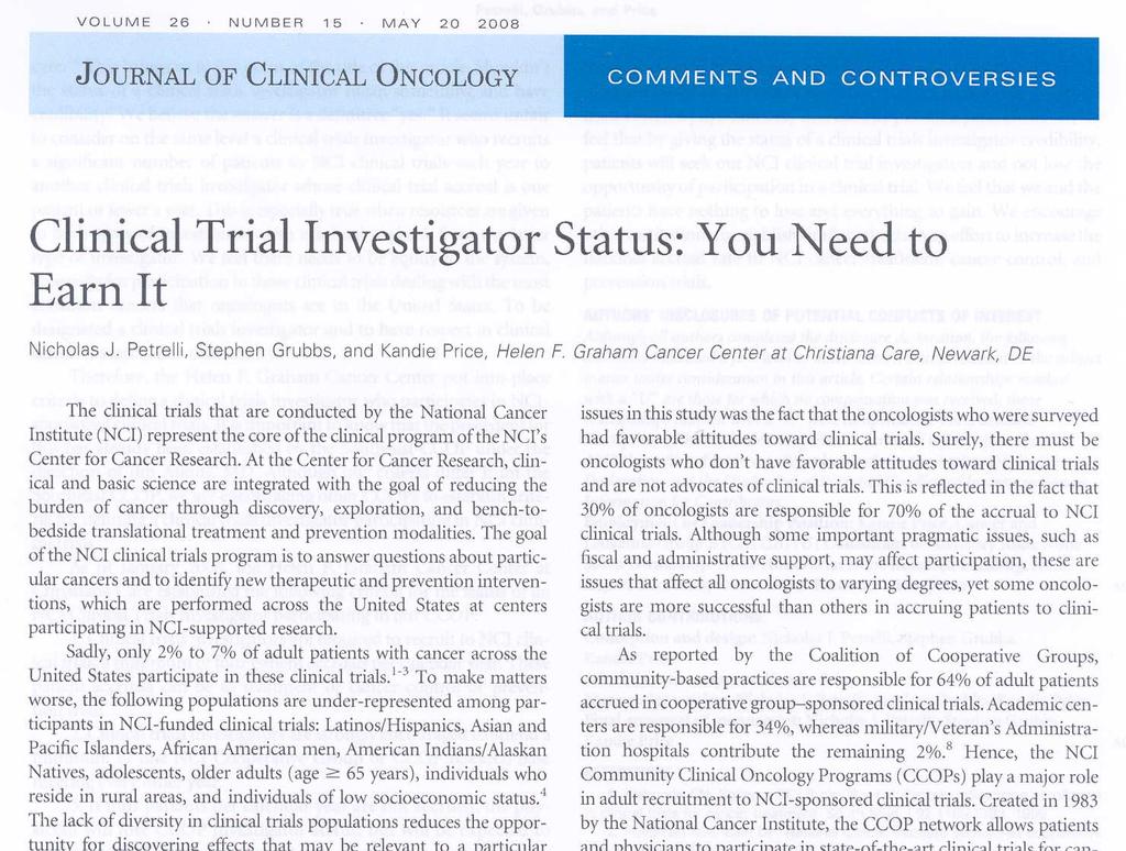 DE CCOP Investigator Minimal Minimum Annual Accrual of 4 to NCI Trials Cooperative Group or Cancer Control