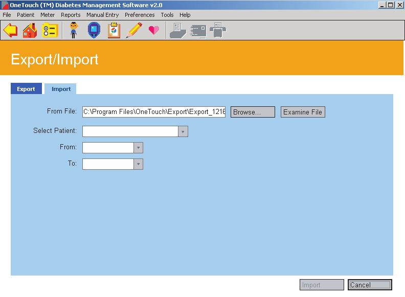 OneTouch Diabetes Management Software v2.3 User Manual 144 The Import Tab Importing lets you place exported data back in the OneTouch DMS database (see Figure 4.3).