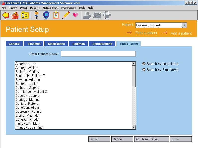 OneTouch Diabetes Management Software v2.3 User Manual 47 Find a Patient Tab The Find a Patient Tab lets you locate a Patient Name in the database (see Figure 2.9).