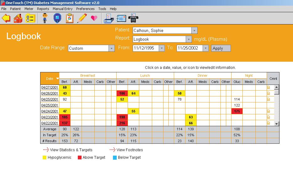 OneTouch Diabetes Management Software v2.3 User Manual 92 Choose Your Report Logbook Report The Logbook Report displays daily glucose readings and other data in a logbook format (see Figure 3.4a).
