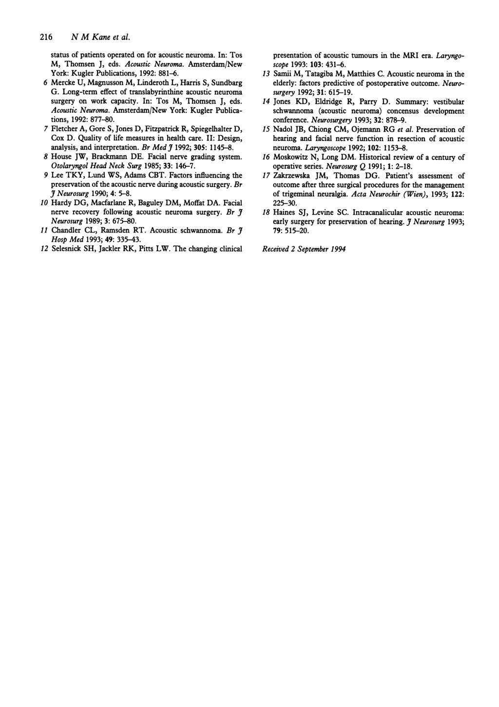 216 NMKaneetal. status of patients operated on for acoustic neuroma. In: Tos M, Thomsen J, eds. Acoustic Neuroma. Amsterdam/New York: Kugler Publications, 1992: 881-6.