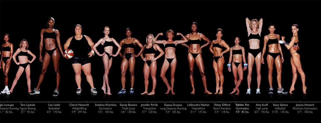 variety of women, ranging in weight, height, race and proportion.