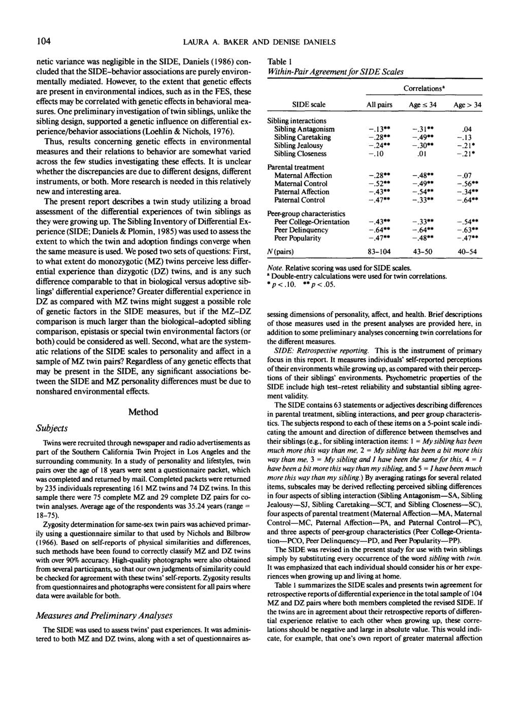 104 LAURA A. BAKER AND DENISE DANIELS netic variance was negligible in the SIDE, Daniels (1986) concluded that the SIDE-behavior associations are purely environmentally mediated.