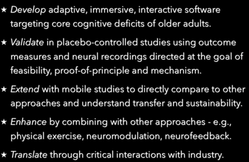 Recommendations Develop adaptive, immersive, interactive software targeting core cognitive deficits of older adults.