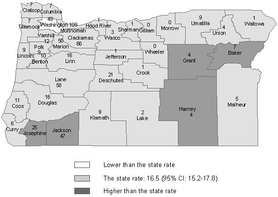Number of suicides and suicide rates by county The number of suicide deaths occurring in Oregon counties ranged from 0 to 109 deaths.