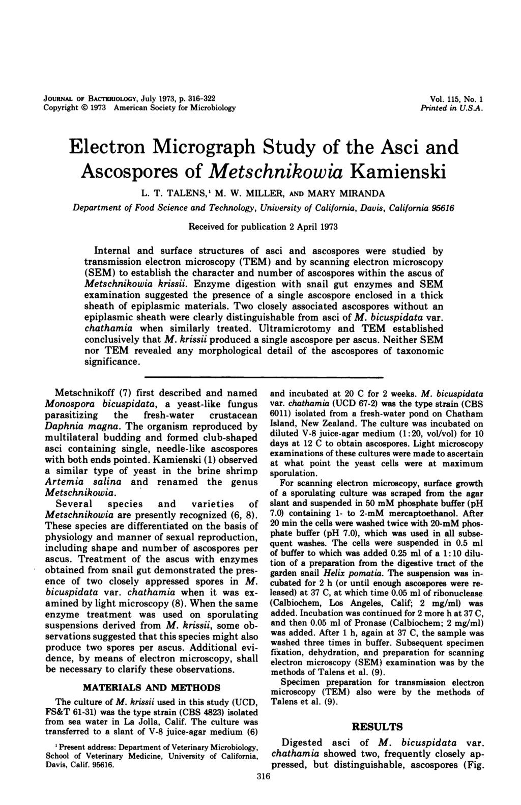 JOURNAL OF BACTERIOLOGY, July 1973, p. 316-322 Copyright 0 1973 American Society for Microbiology Vol. 115, No. 1 Printed in U.SA.