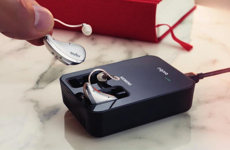 Charger Simply smart: Just place the Cellion primax hearing aids in the wells and they start charging automatically.