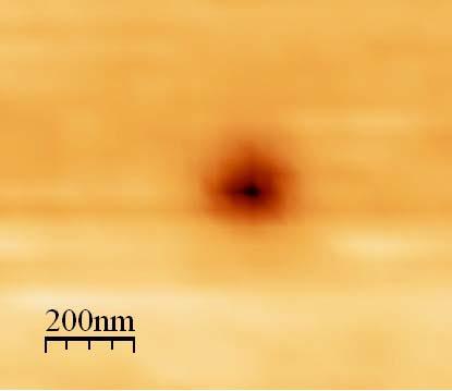 Size of Nano-thermal Holes Topography ~25 nm (a) (a) AFM topography of caffeine thin film surface after local thermal desorption with heated AFM tip (b) The holes are 25 nm wide