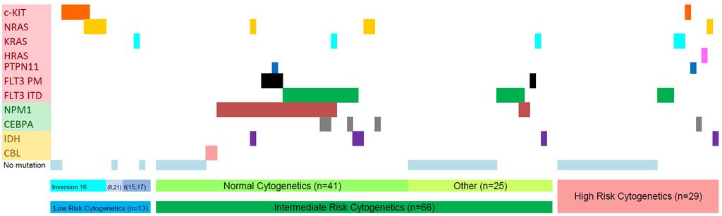 Mutation Spectrum in AML (108 OHSU cases) Normal cytogenetics: 78% mutation frequency Abnormal cytogenetics: 43% mutation
