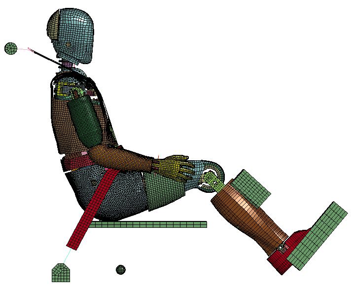 test [32], in which the THOR-NT dummy was positioned on a rigid planar seat and restrained using a standard 3-point shoulder and lap belt system, was modeled (Fig. 3-14a).