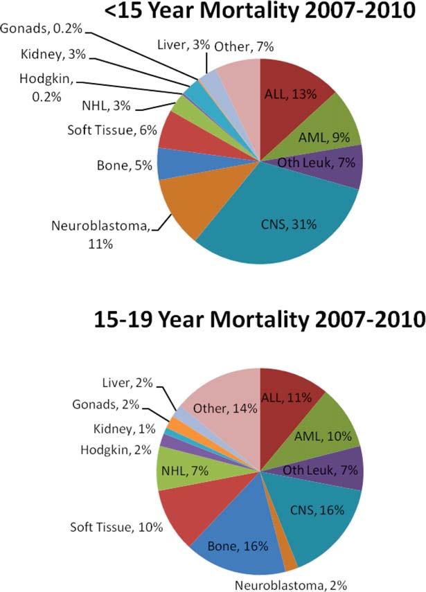 Figure 1. Patterns of mortality are illustrated for children and adolescents ages (Top) <15 years and (Bottom) 15 to 19 years for the period from 2007 to 2010.
