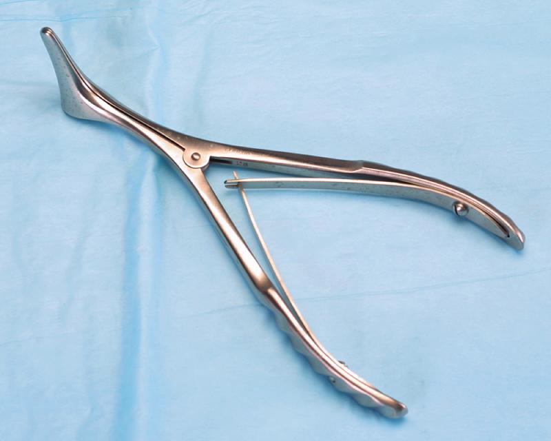 Nasal Speculum Nasal speculum: Stainless-steel instrument used to inspect the lining