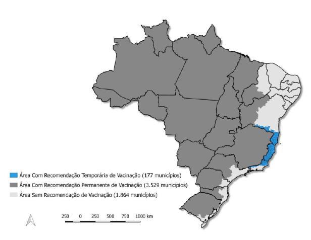 Geographic distribution of municipalities where the YF vaccine is recommended by type of recommendations, Brazil, March 21, 2017.