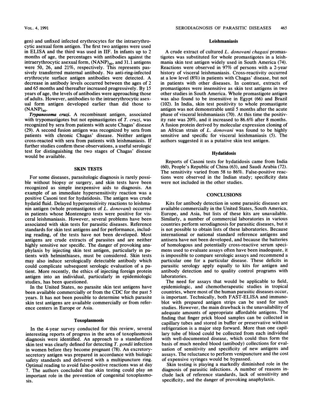 VOL. 4, 1991 gen) and unfixed infected erythrocytes for the intraerythrocytic asexual form antigen. The first two antigens were used in ELISA and the third was used in IIF.
