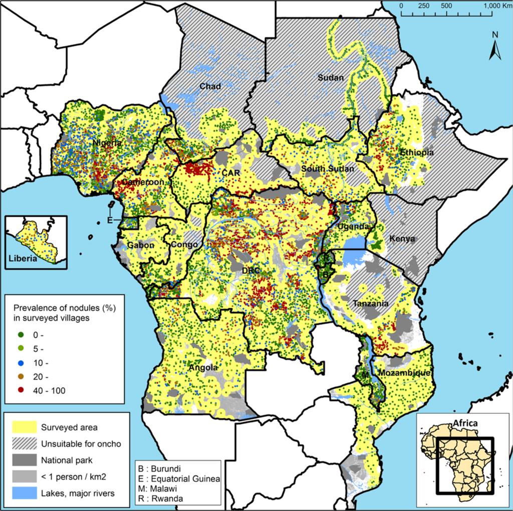 Zouré et al. Parasites & Vectors 2014, 7:326 Page 6 of 15 Figure 1 Map of the observed prevalence of palpable nodules in the 14,473 surveyed villages. countries (see Figure 2).
