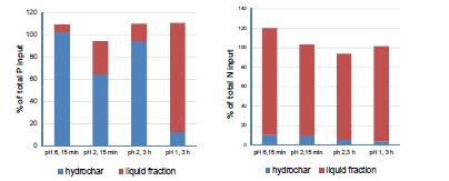Distribution of P and N in hydrochars and liquid with different