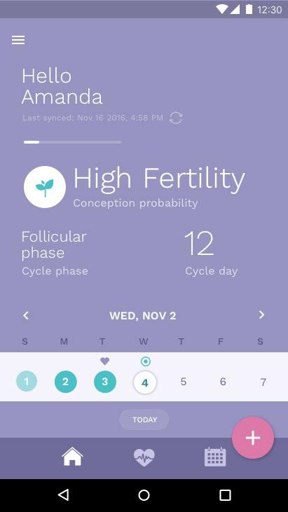 Using the app 9 Events Predicted ovulation Recorded sex Shading Menstruation High and peak fertility Predicted period Recorded period Predicted high and peak fertile days Dashboard On the dashboard,