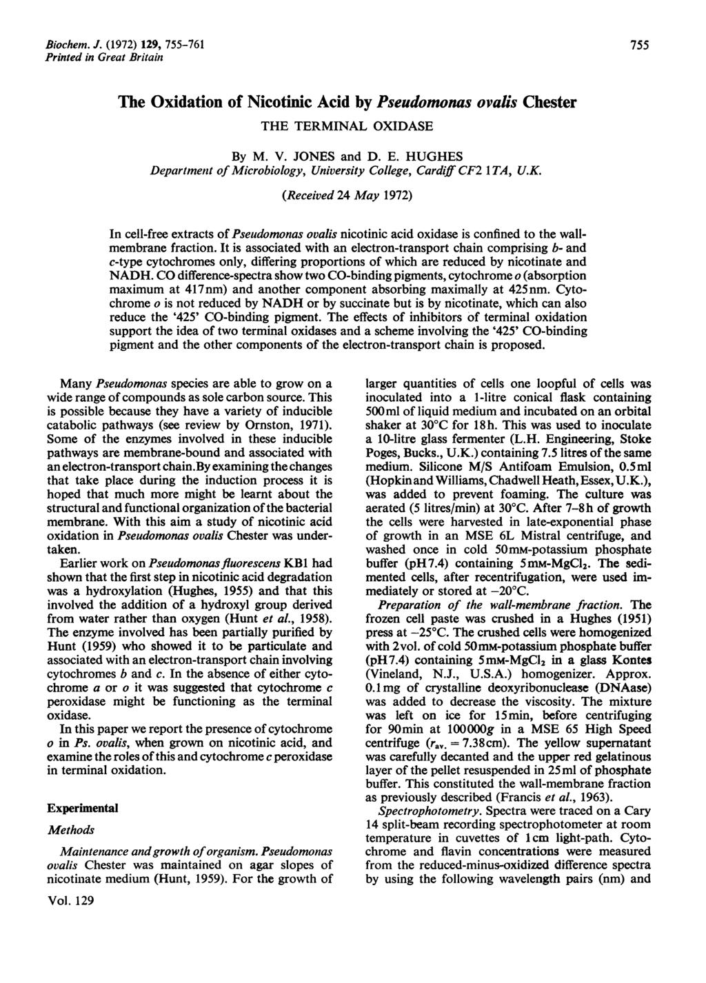 Biochem. J. (1972) 129, 755-761 Printed in Great Britain 755 The Oxidation of Nicotinic Acid by Pseudomonas ovalis Chester THE TERMNAL OXDASE By M. V. JONES and D. E.