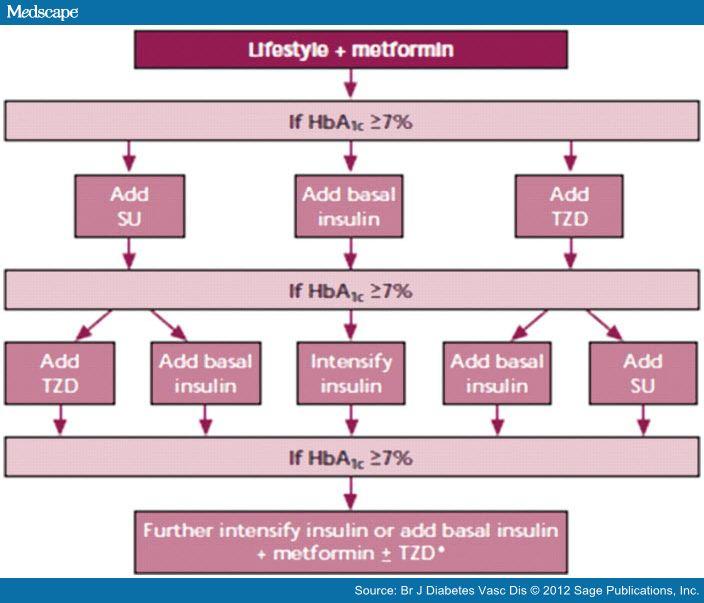 Figure 1. Summary of 2006 ADA-EASD consensus algorithm for the management of hyperglycaemia in type 2 diabetes. If HbA 1c < 7 % maintain therapy. If HbA 1c 7% move promptly to next level.