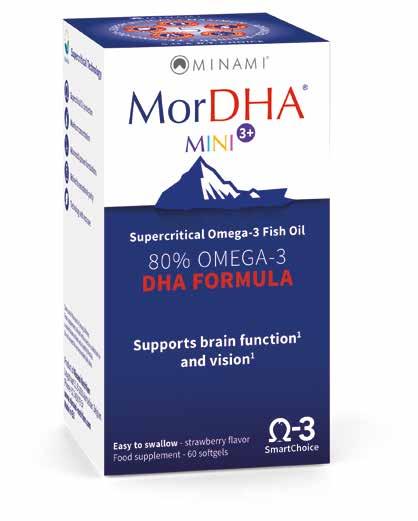 1 softgel capsule contains EPA (eicosapentaenoic acid) 54 mg DHA (docosahexaenoic acid) 250 mg Strawberry flavour Gluten and lactose-free 60 softgel capsules *DHA helps to keep the brain function