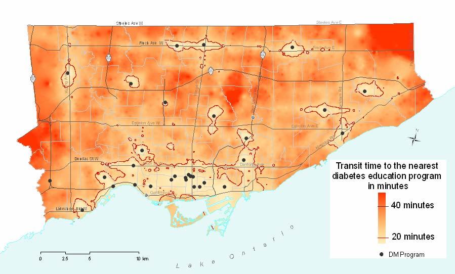 Modelled transit time to the nearest diabetes
