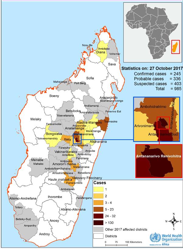 Plague Madagascar 1 554 Cases 113 7% Deaths CFR EVENT DESCRIPTION The outbreak of plague in Madagascar continues to improve, with the number of new cases of pulmonary plague declining in all active