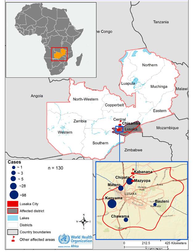 Cholera Zambia 130 Cases 3 2.3% Deaths CFR EVENT DESCRIPTION The outbreak of cholera in the suburbs of Lusaka, the Zambian capital, has been controlled.