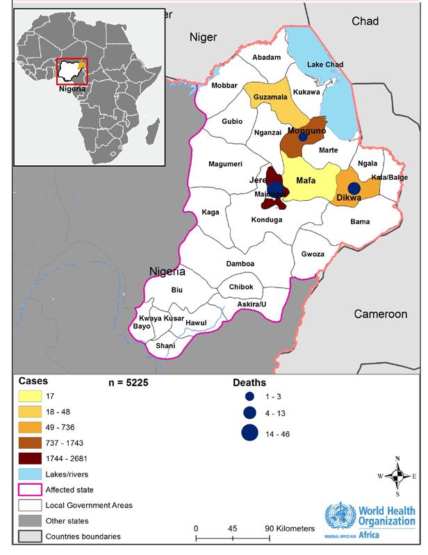 Cholera Nigeria (Borno State) 5 259 Cases 61 1.2% Deaths CFR EVENT DESCRIPTION The cholera outbreak in Borno State, north-east Nigeria has continued to improve.
