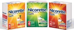 Resin complex Nicotine Polacrilin NICOTINE GUM Nicorette; generics Sugar-free chewing gum base Contains buffering agents to enhance buccal absorption of nicotine Available: 2 mg, 4 mg; original,