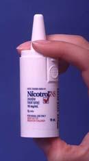 NICOTINE NASAL SPRAY: Prime the pump (before first use) Re-prime (1-2 sprays) if spray not used for 24 hours Blow nose (if not clear) Tilt head back slightly and insert tip of bottle into nostril as