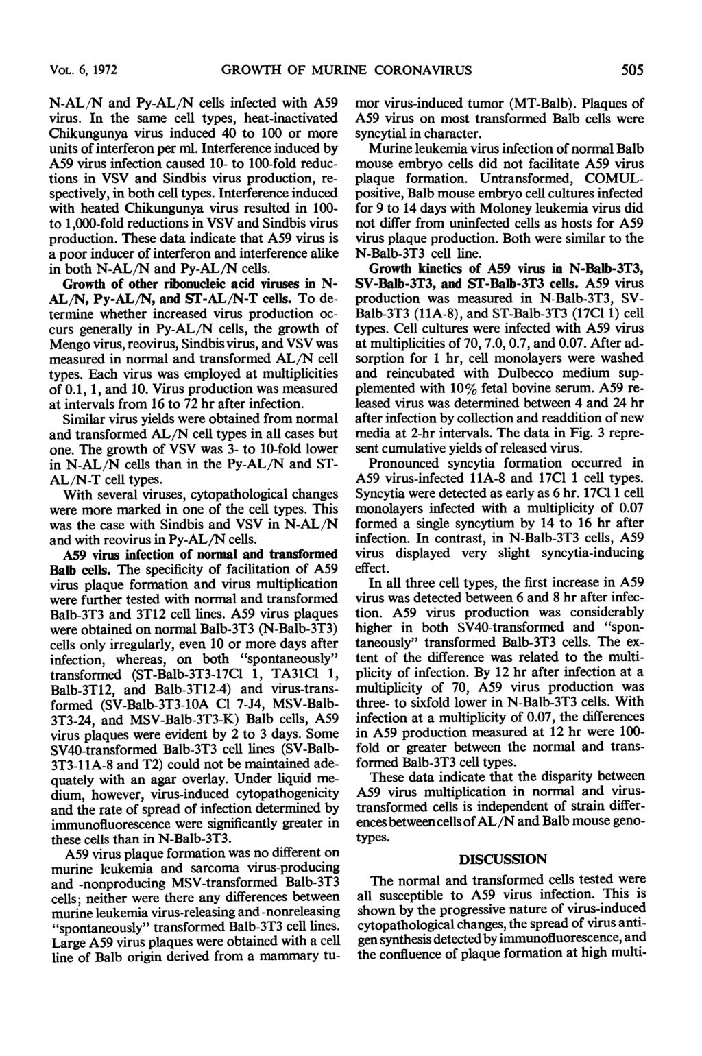 VOL. 6, 1972 GROWTH OF MURINE CORONAVIRUS 505 N-AL/N and Py-AL/N cells infected with A59 virus.