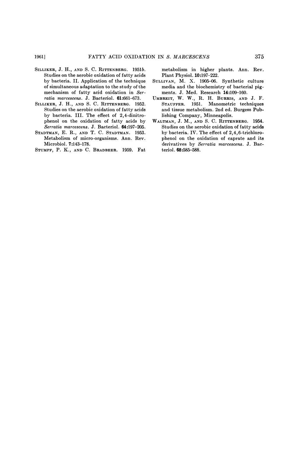 1961] FATTY ACID OXIDATION IN S. MARCESCENS 375 SILLIKER, J. H., AND S. C. RITTENBERG. 1951b. Studies on the aerobic oxidation of fatty acids by bacteria. II.