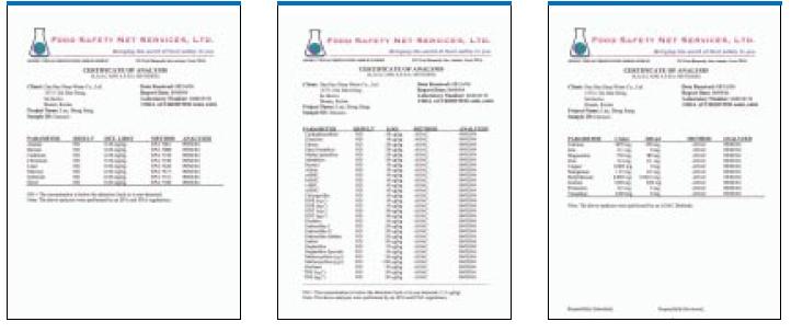 * USA FDA safety inspection and component analysis test results (September 2004) An US FDA approved agency conducted safety tests on the physical property of the Daehan salty mineral water.