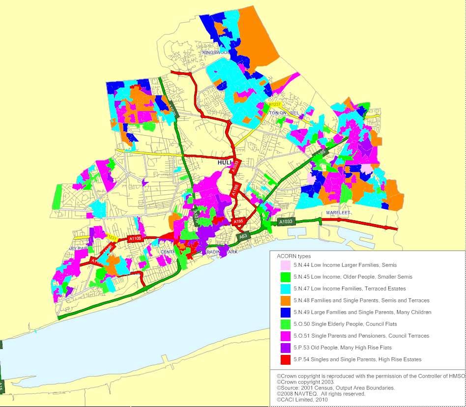 If we examine where the Hard Pressed sit geographically (Figure 37 for Hull and Figure 38 for East Riding) we see that they are to be found in large concentrations in Hull, especially in the north