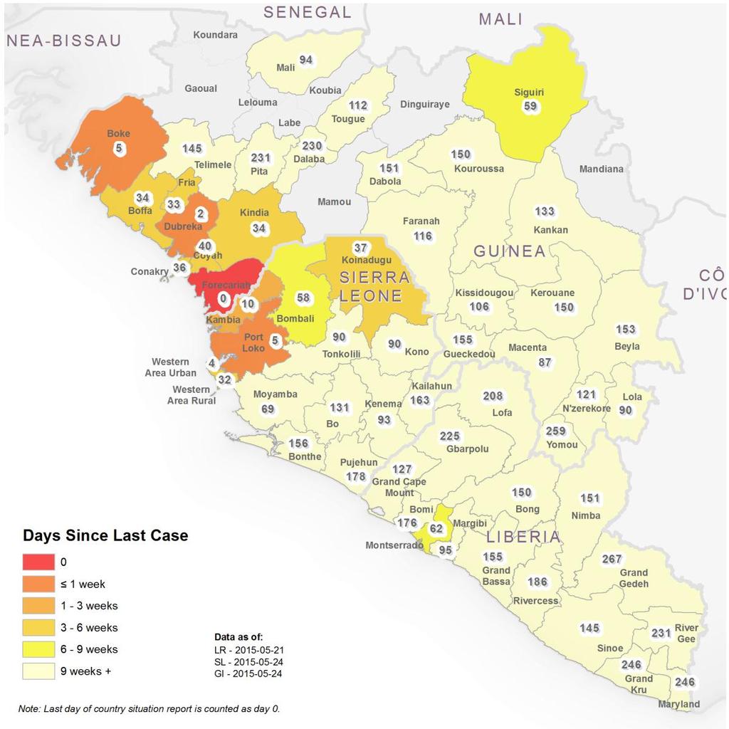 Figure 6: Days since last confirmed case in Guinea, Liberia and Sierra Leone The boundaries and names shown and the designations used on this map do not imply the expression of any opinion whatsoever