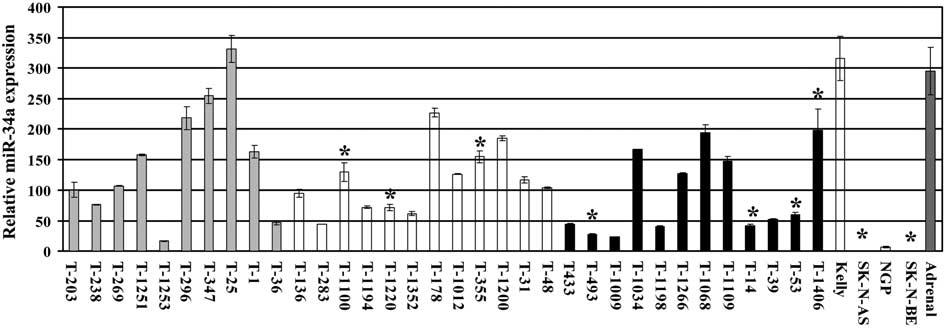 5019 Figure 2 Reverse transcriptase QPCR expression analysis of mir-34a in low stage hyperdiploid tumors with favorable histopathology (grey), high stage 11q- tumors with unfavorable histopathology