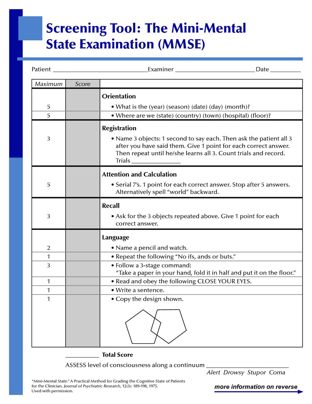 NCF Test Selection Mini-mental state examination (MMSE)! short, 30 items, widely available!