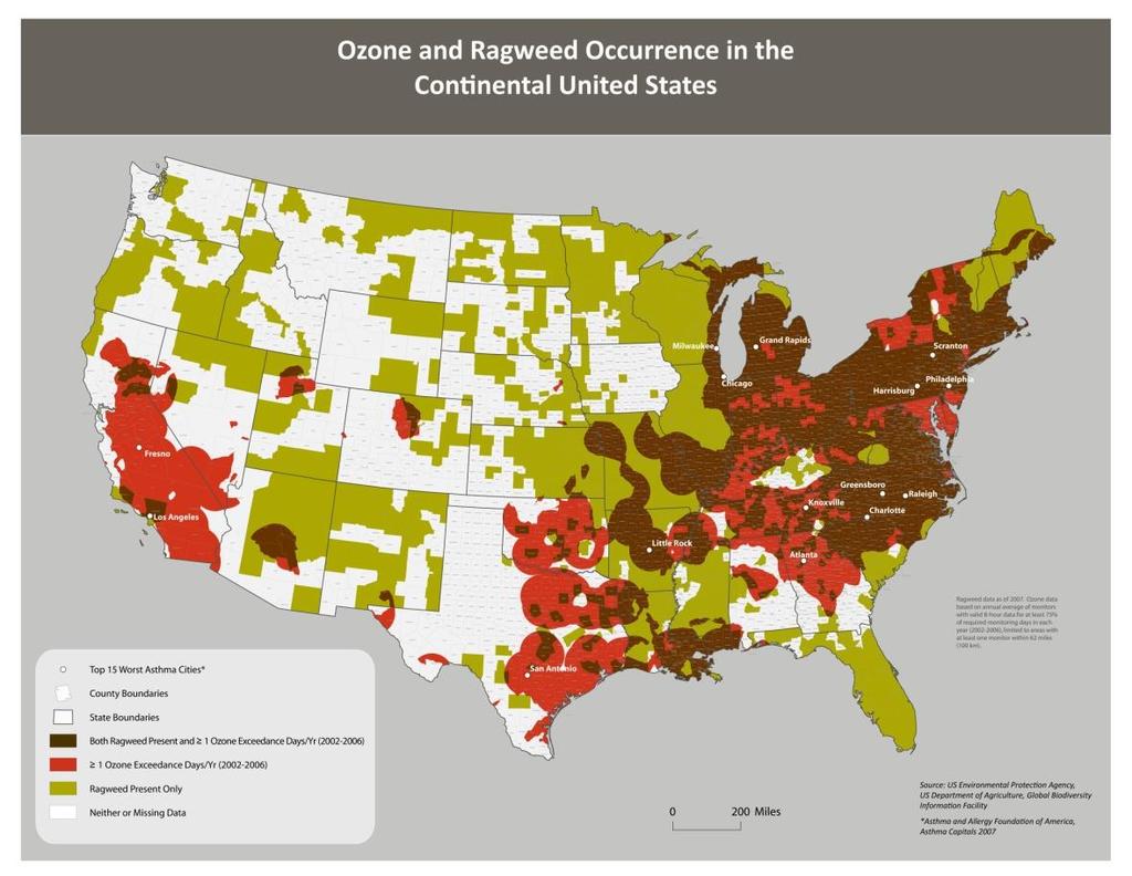 Map 3: Ozone and ragweed occurrence in the Continental