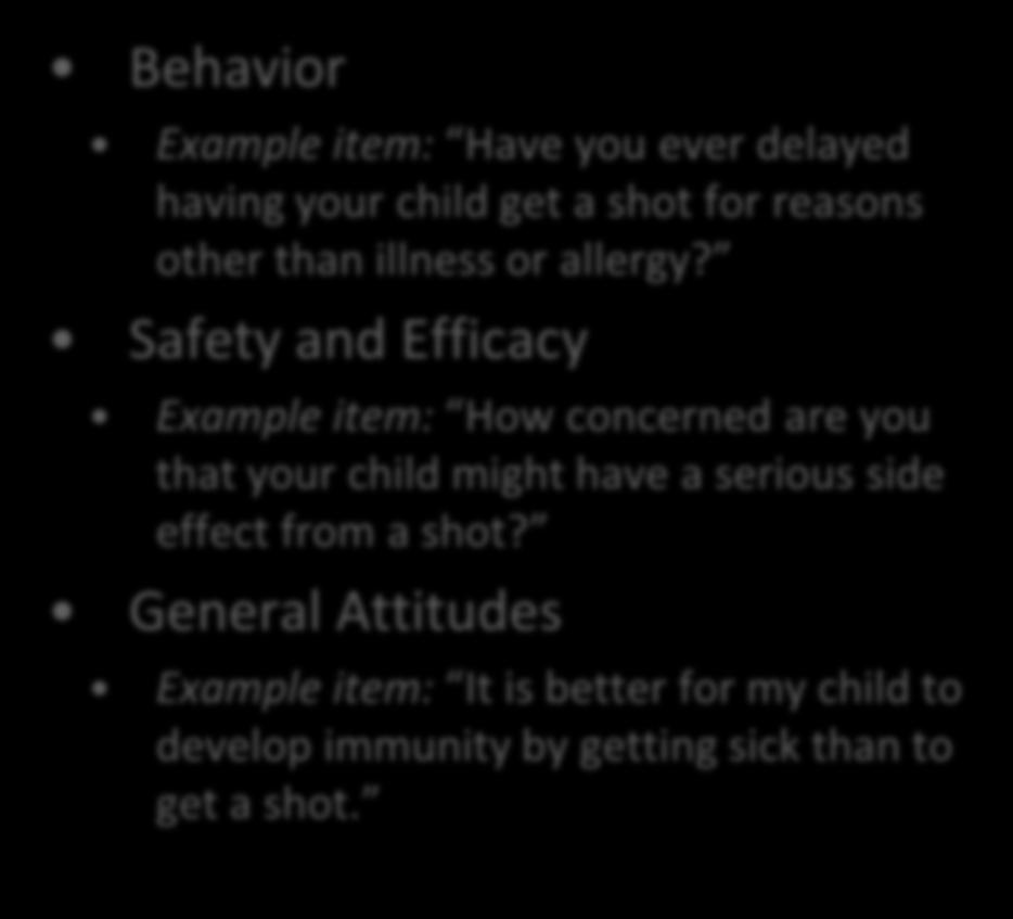 Safety and Efficacy 70 60 50 Example item: How concerned are you that your child might have a serious side effect from a shot?