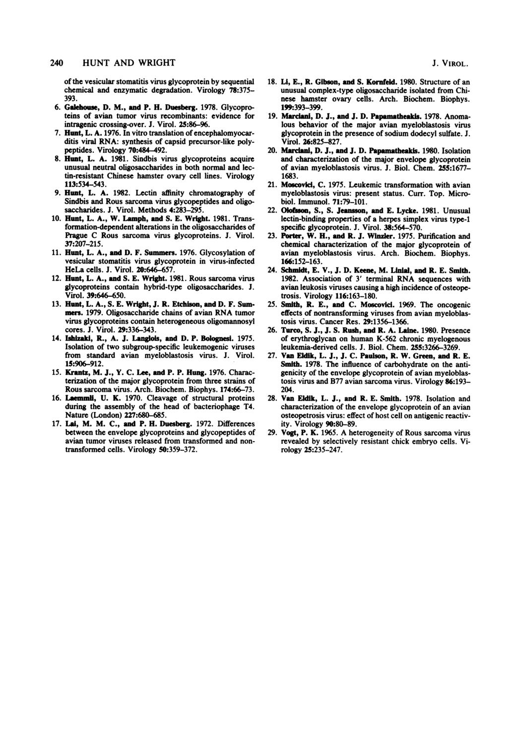 240 HUNT AND WRIGHT of the vesicular stomatitis virus glycoprotein by sequential chemical and enzymatic degradation. Virology 78:375-393. 6. Galhouse, D. M., and P. H. Duesberg. 1978.
