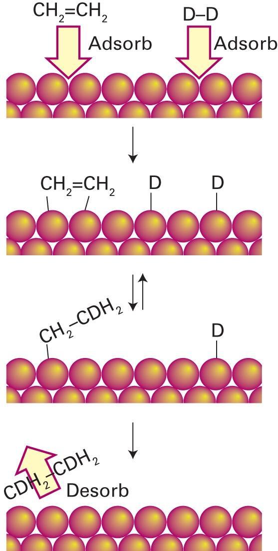 Hydrogenation of alkenes on supported metal Involves H 2 dissociation and migration of H-atoms to an adsorbed ethene molecule.